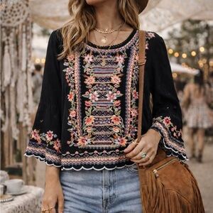 Embroidered Boho Top Sz M Black Floral Peasant Blouse scalloped hem bell sleeve
